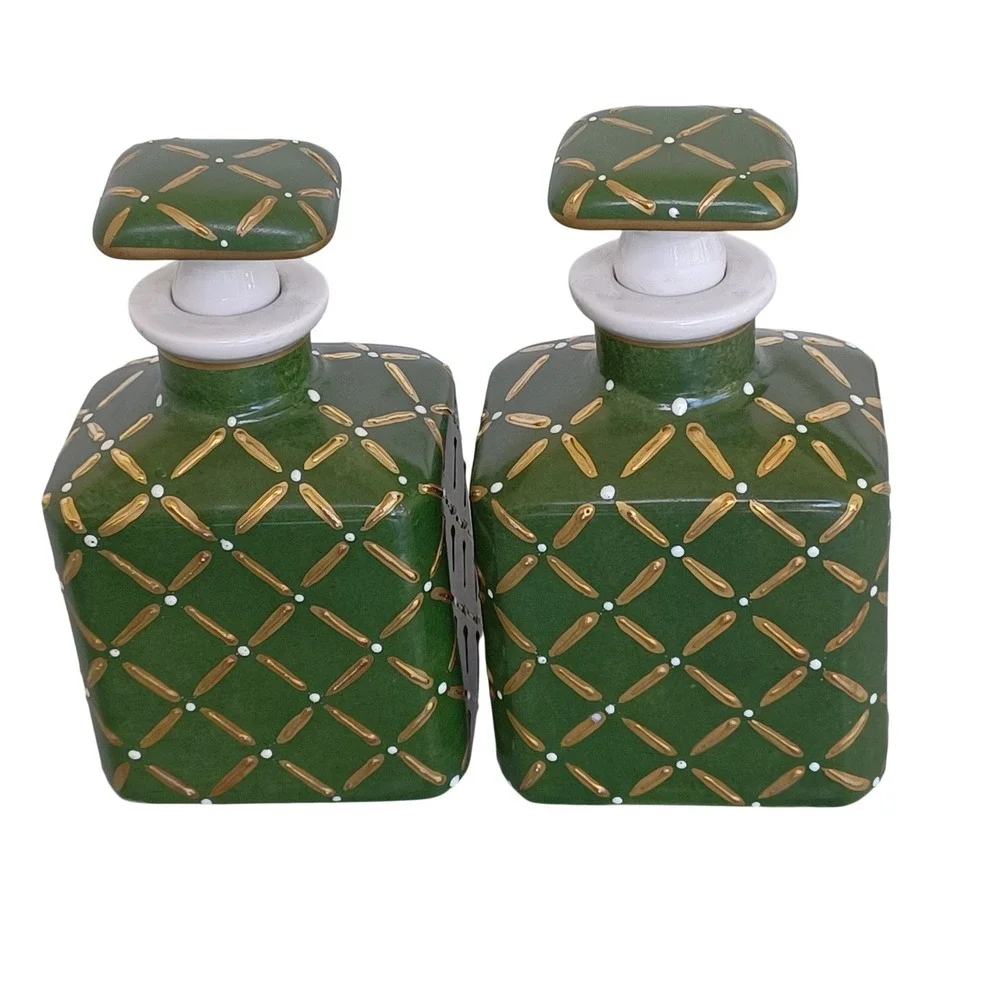 Limoges France for Saks Fifth Avenue Green Gold Hand Painted Porcelain Decanters